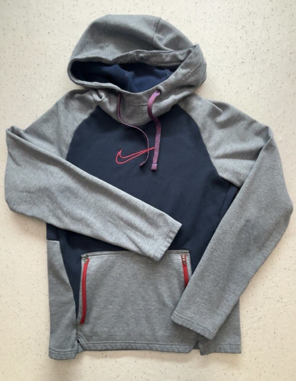 Nike Therma Fit Hoodie Center Swoosh ColorBlock LightWeight Small Blue Grey